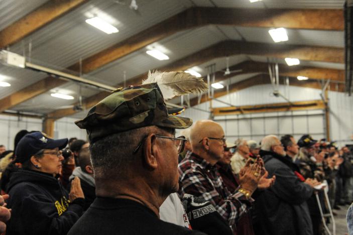 Veterans attend a Sioux tribal welcome meeting at Sitting Bull College as "water protectors" continue to demonstrate against plans to pass the Dakota Access pipeline near the Standing Rock Indian Reservation, in Fort Yates, North Dakota, U.S.